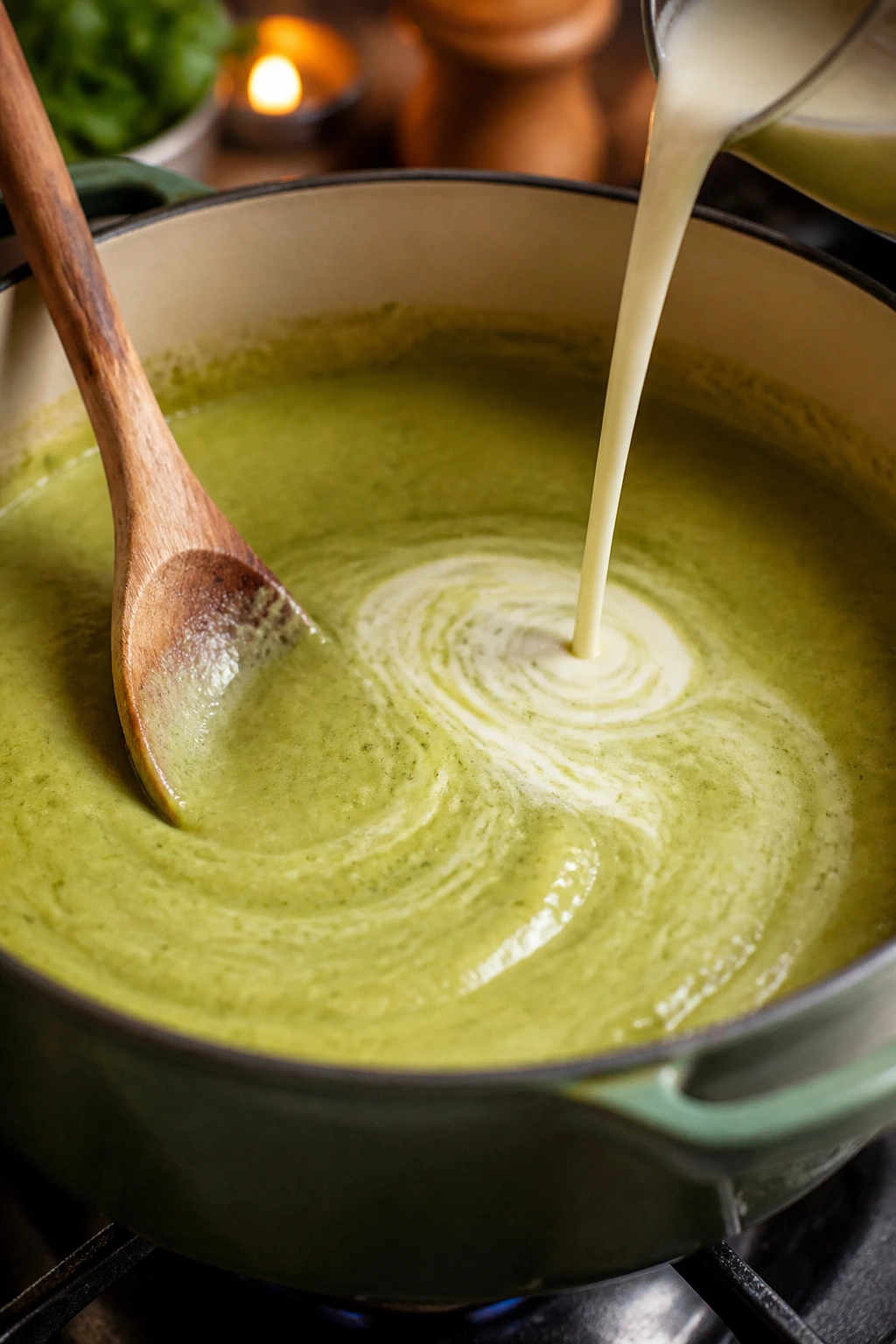 Pouring cream into silky zucchini soup as it’s stirred
