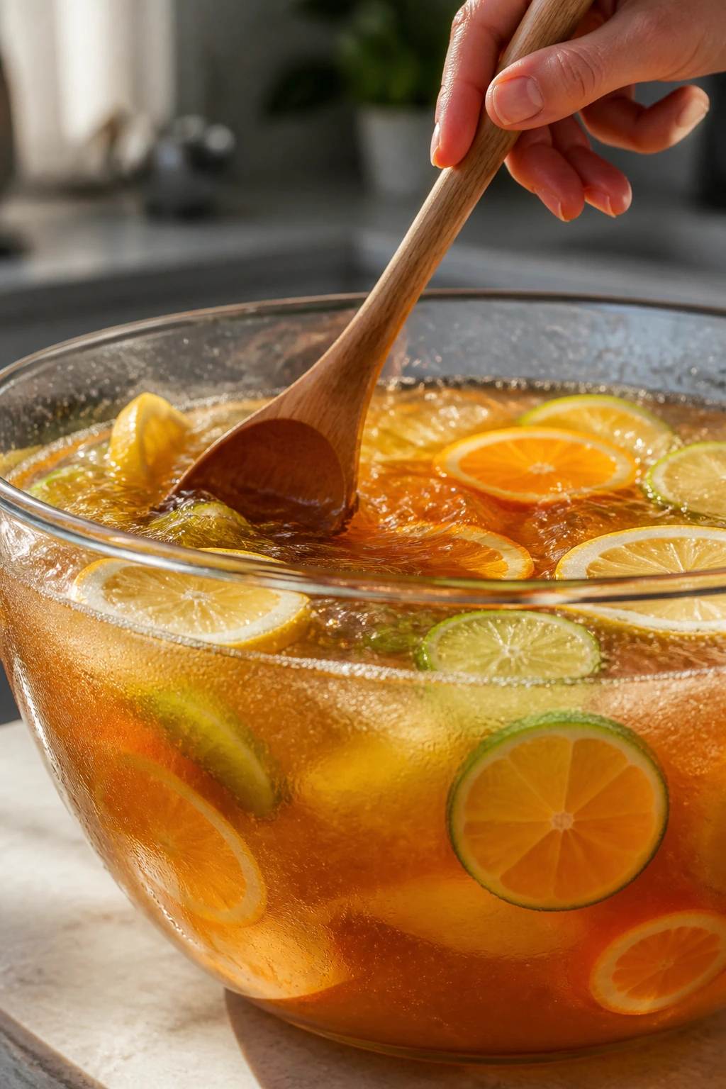 Wooden spoon stirring punch in a bowl with swirling liquid