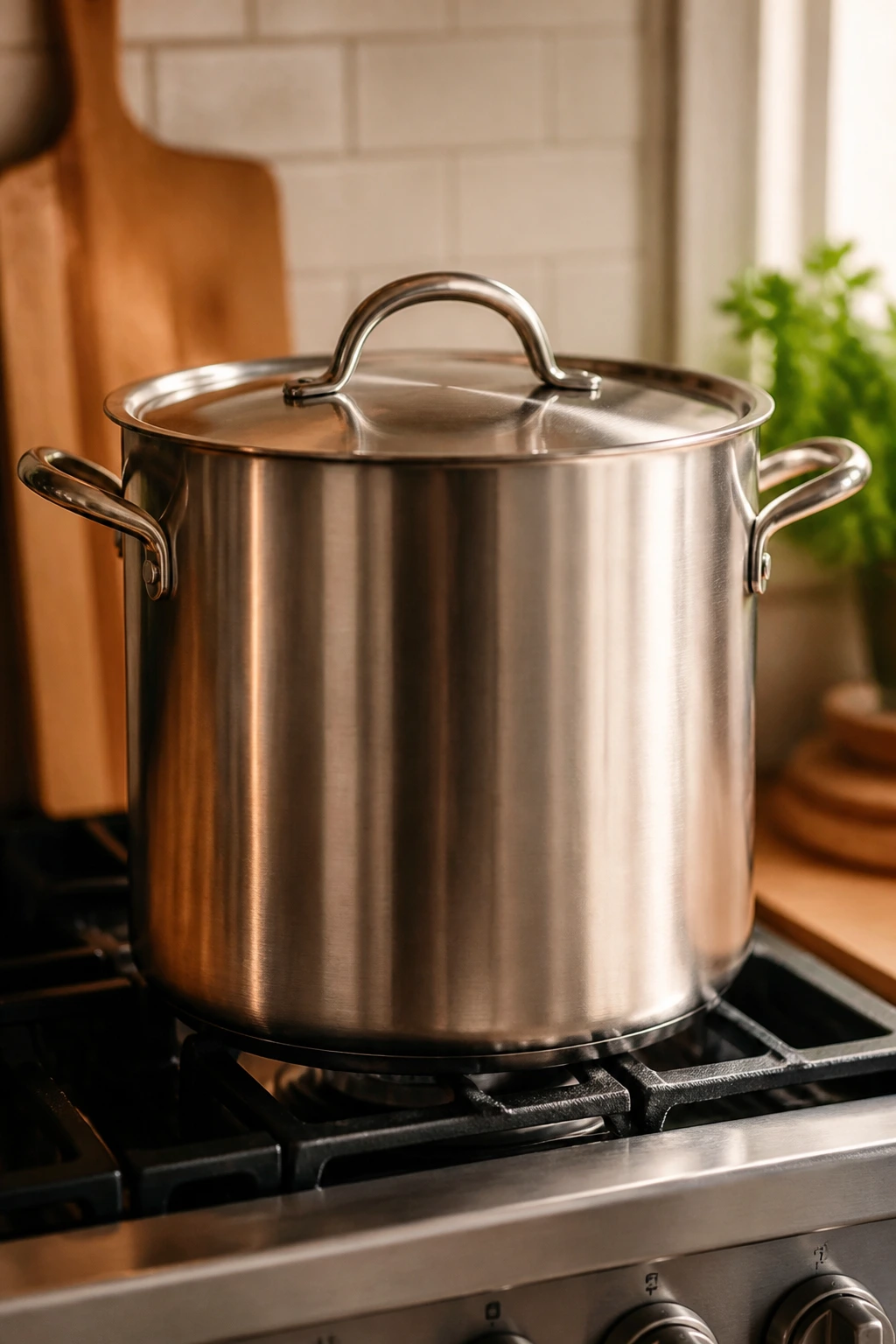 Large stockpot dominates a warm kitchen stove.