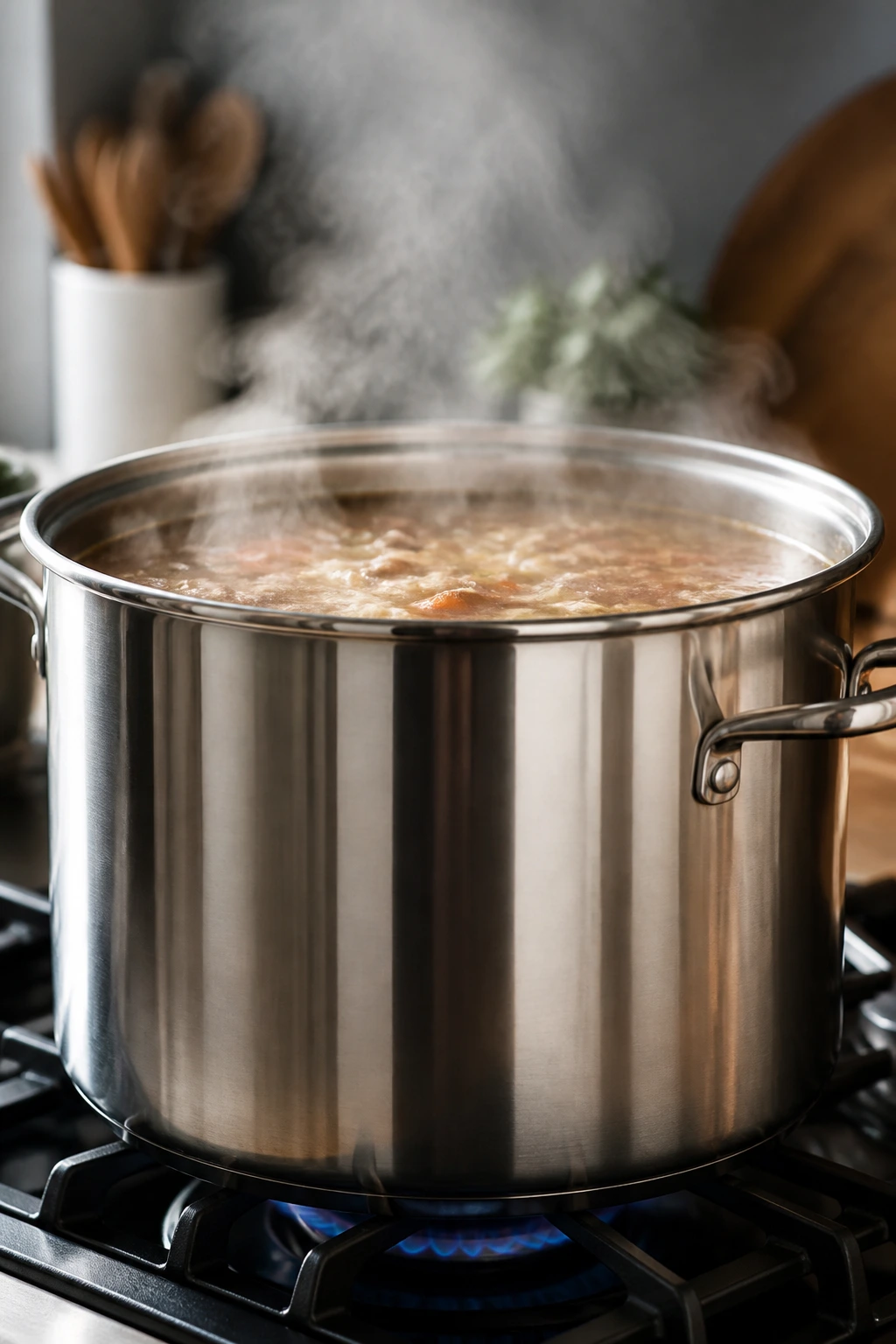 Shiny stockpot on a stove in a clean kitchen