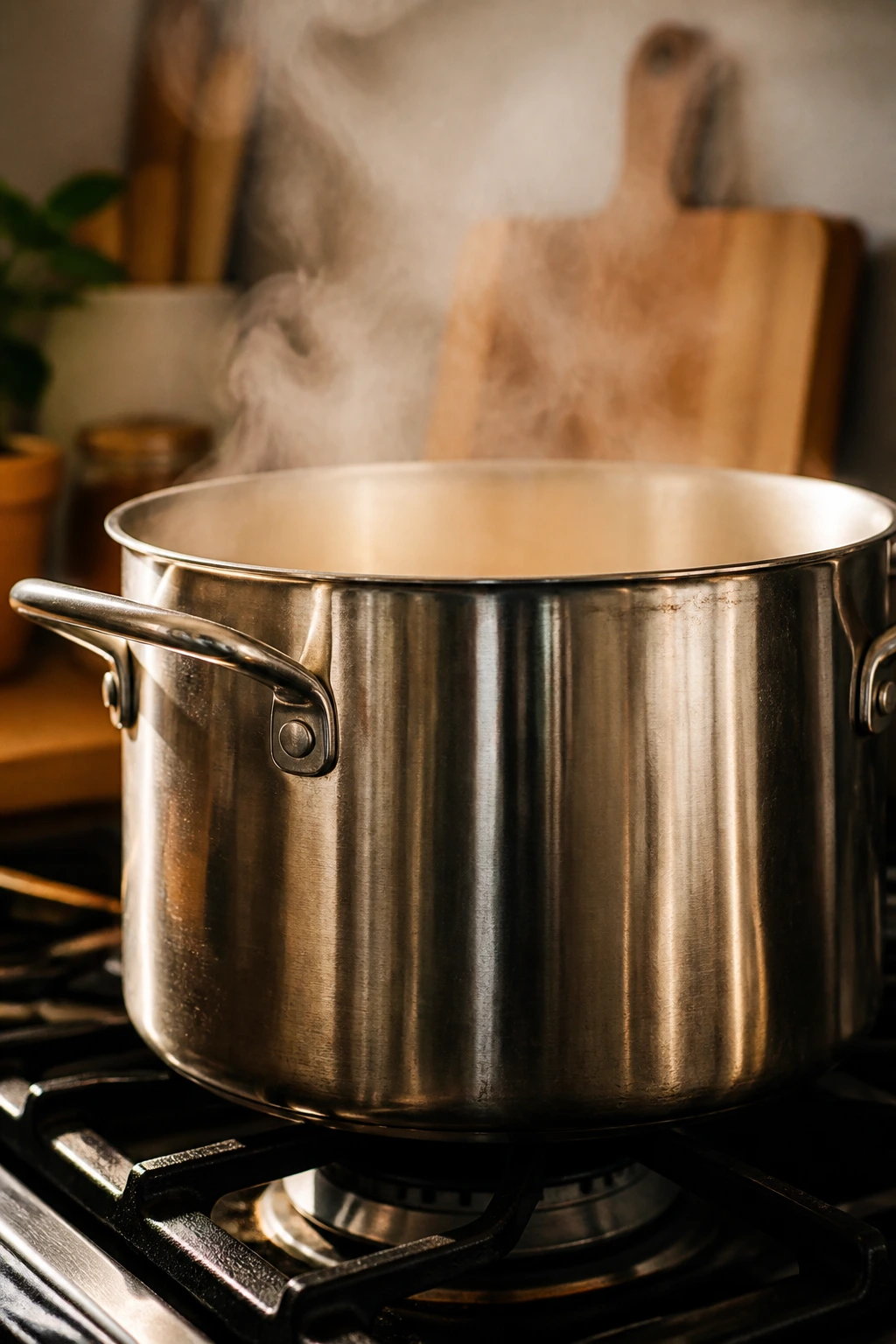 Close-up of a steaming stockpot in a cozy kitchen