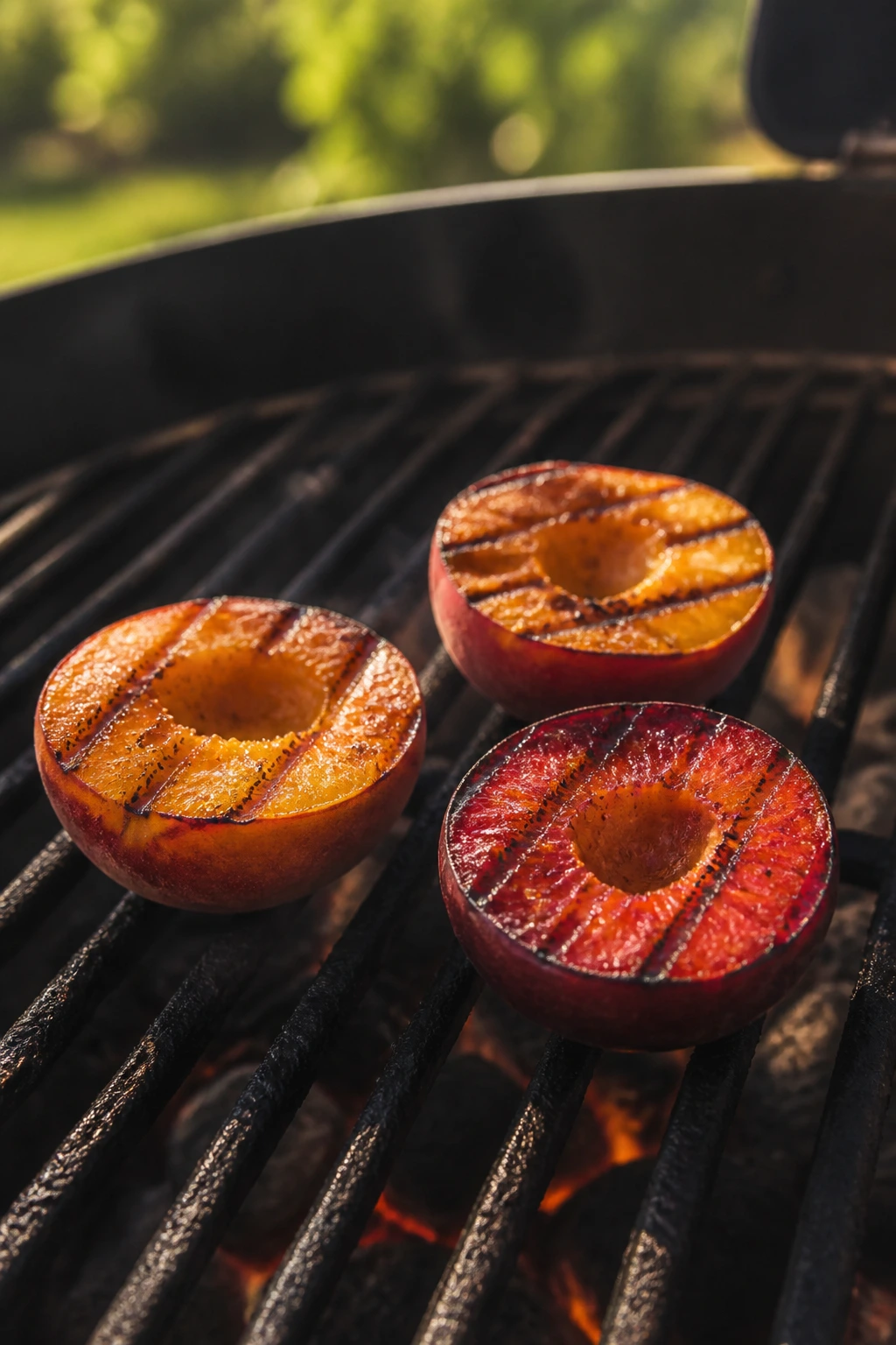 Close-up of peach, nectarine, and plum halves on a grill grate