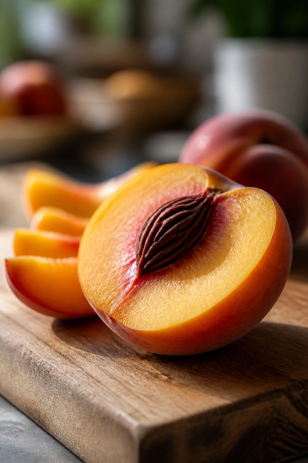 Close-up of a peach half showing shape on a cutting board