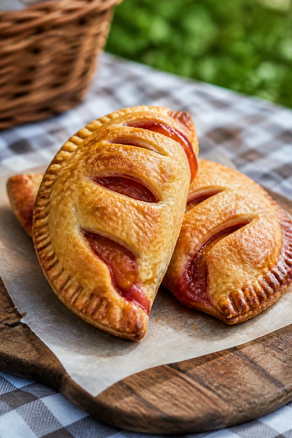 Close-up of stone fruit hand pies on wooden board