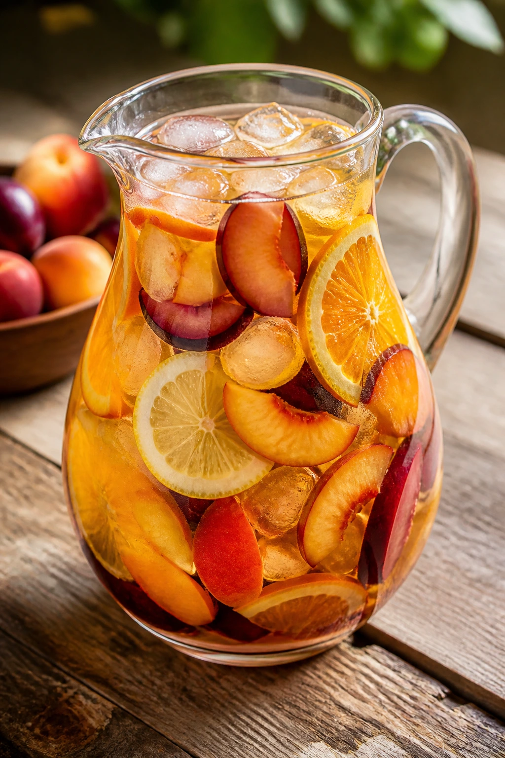 Pitcher of Stone Fruit Sangria with stone fruits and citrus