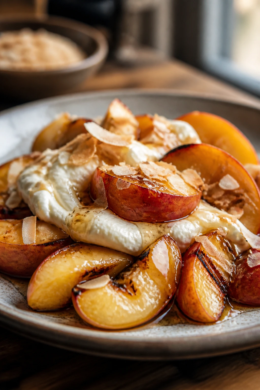 Stone fruit dessert with honey glaze and toasted coconut