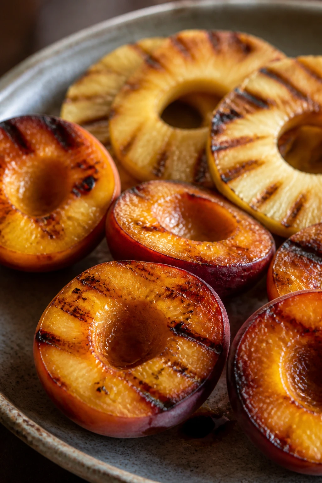 Close-up of grilled stone fruit halves and pineapple rings with caramelized edges
