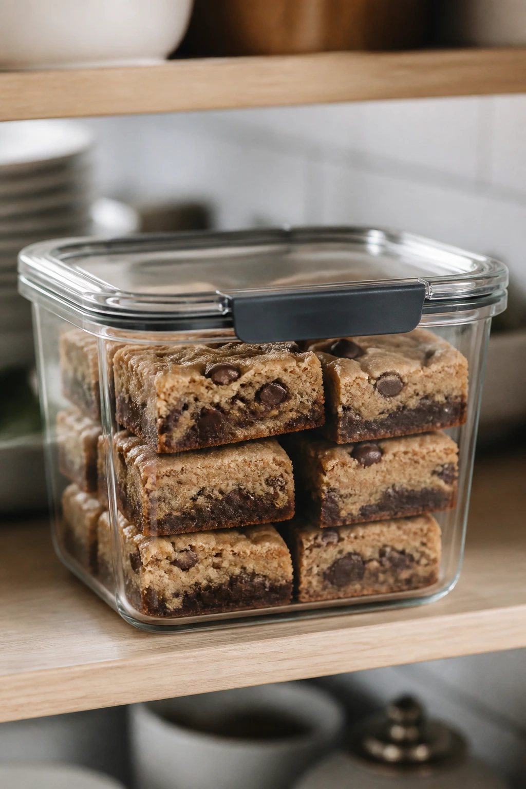 Airtight container with stacked bars stored for make-ahead desserts.