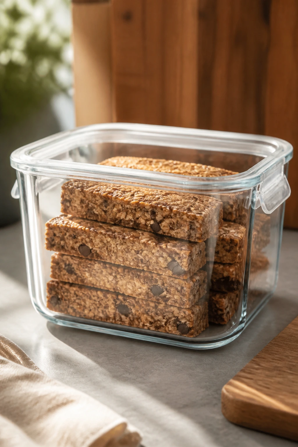 Airtight container with stacked protein bars on kitchen counter