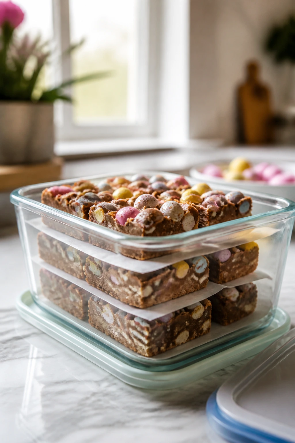 Glass container with stacked bars for make-ahead storage