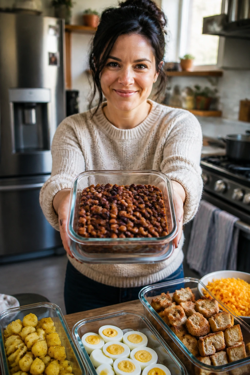Real person in a kitchen holding a beans-filled storage jar to illustrate make-ahead and reheating rules