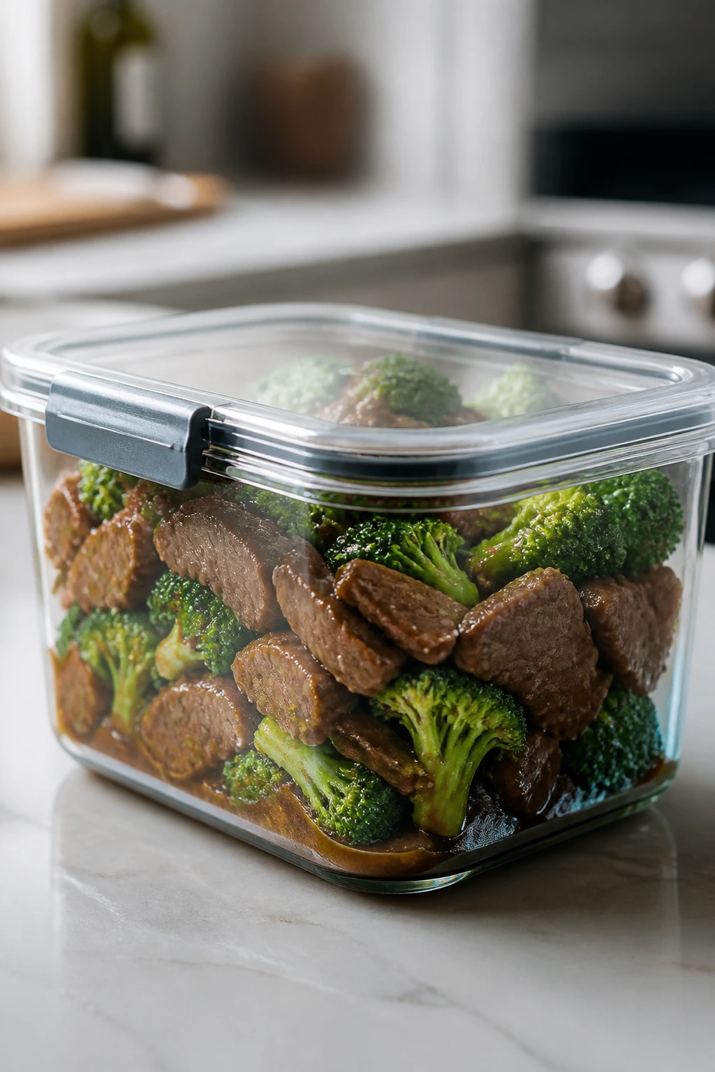 Airtight storage container with beef and broccoli for make-ahead meals