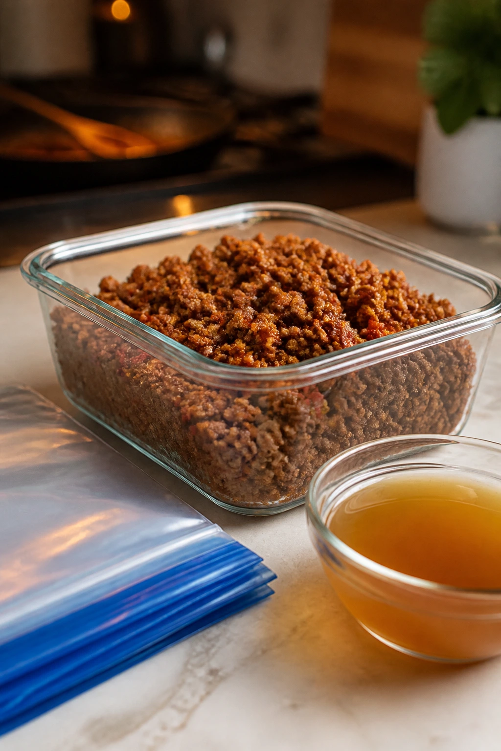 Beef filling in a glass storage container on a kitchen counter with freezer bags
