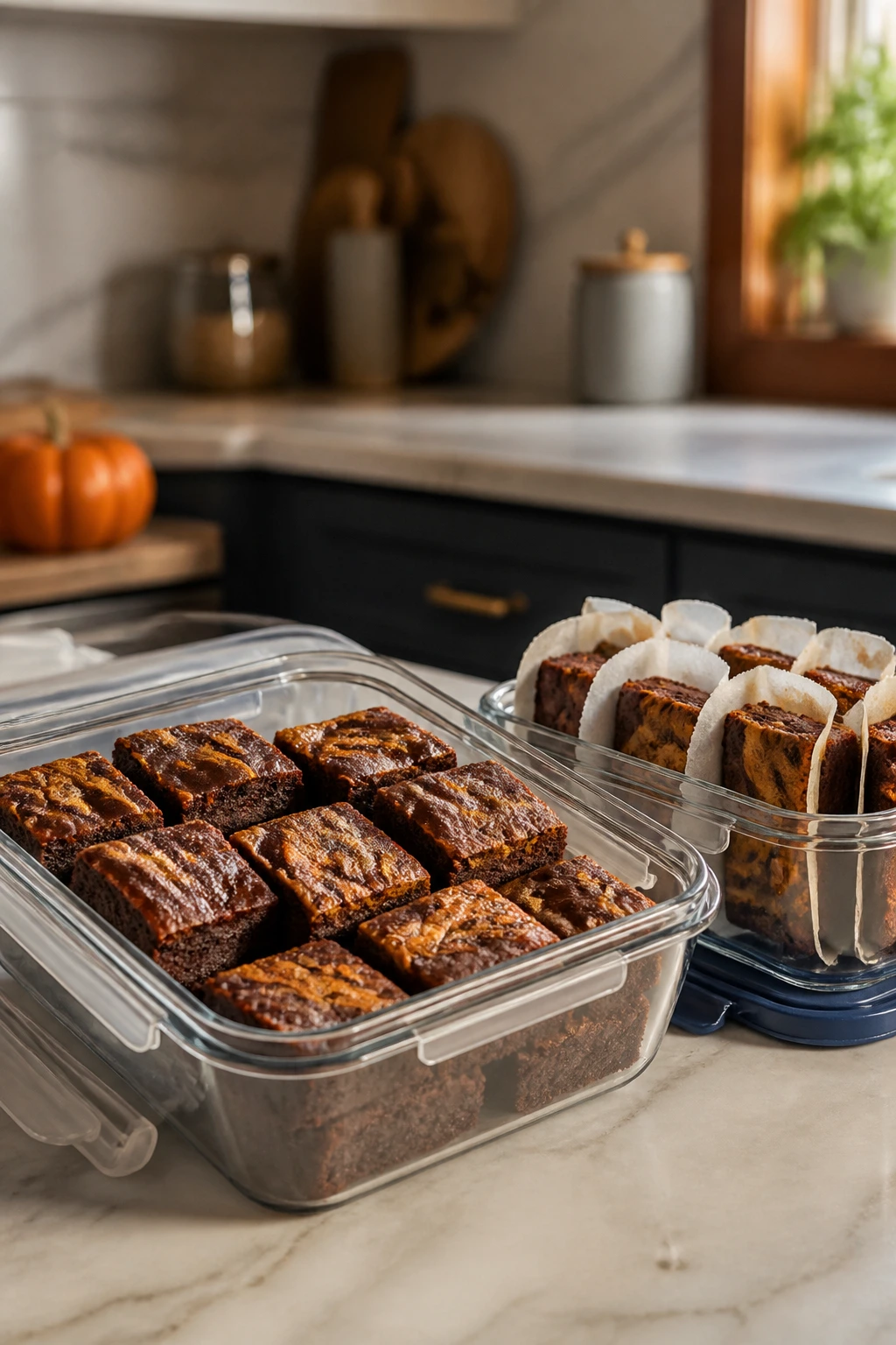 Airtight container with brownie squares for storage