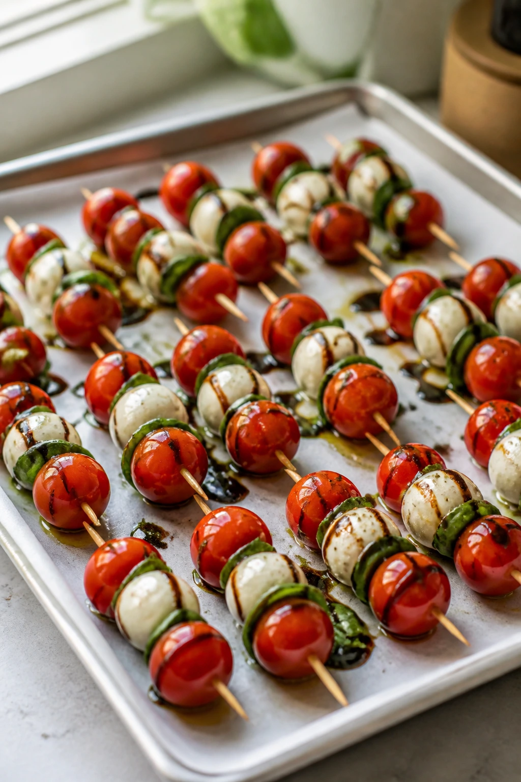Caprese skewers on parchment-lined tray for storage