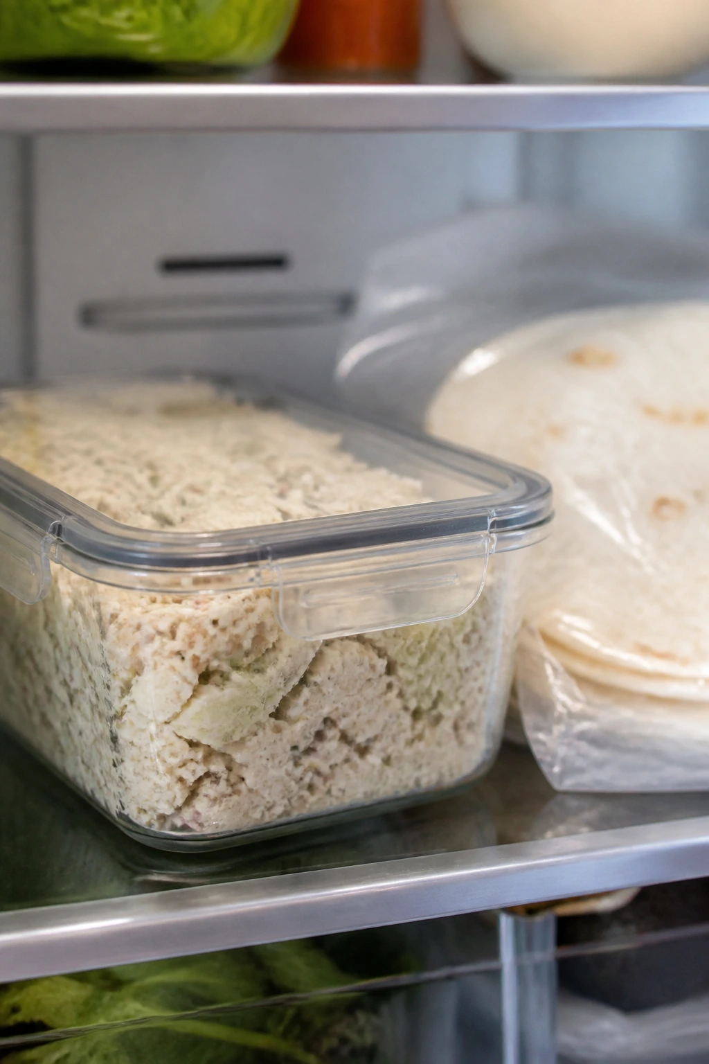 Airtight container of chicken salad in the fridge with tortillas nearby