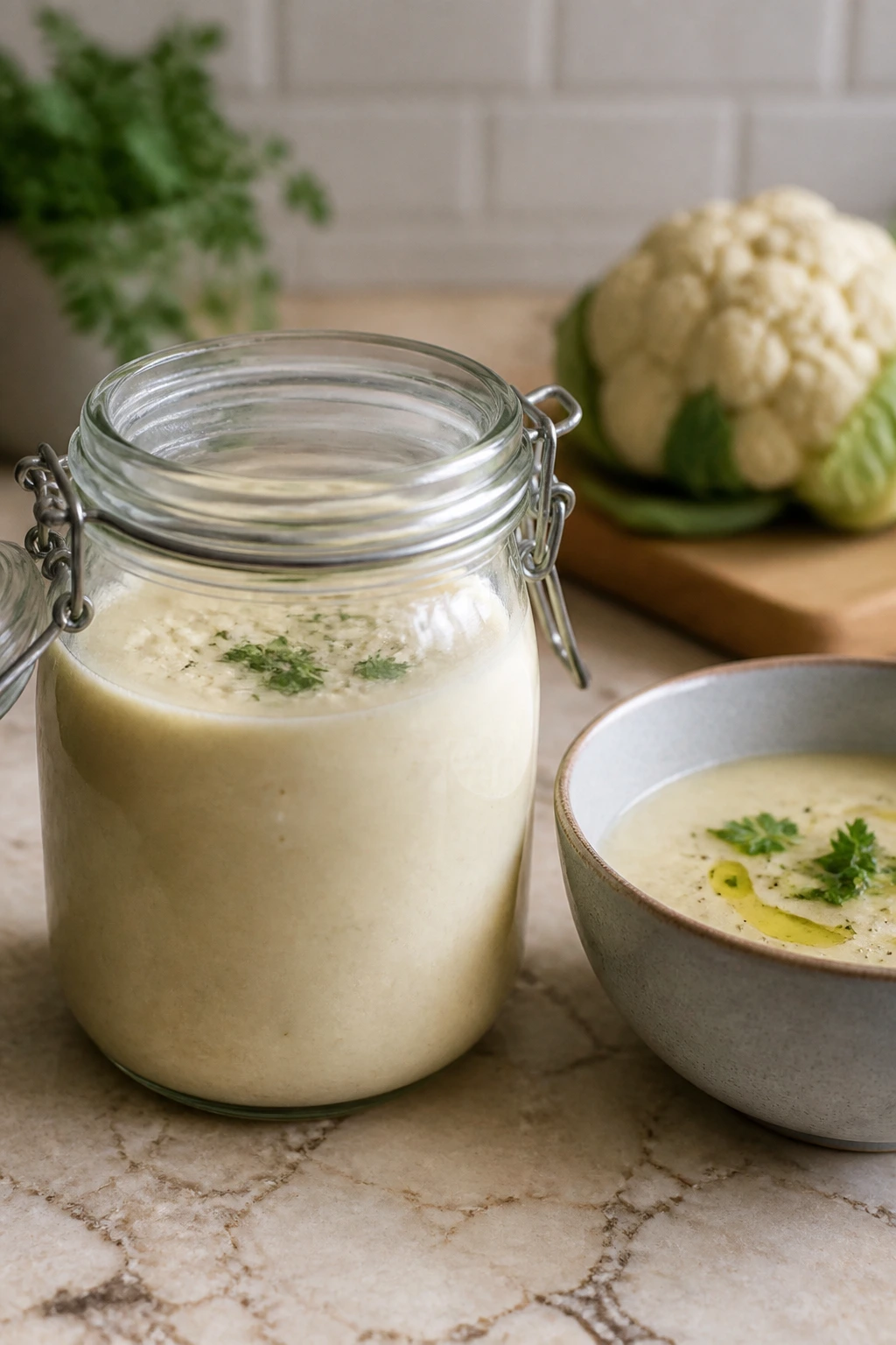Glass jar of pale chilled soup on a kitchen counter with a separate serving bowl