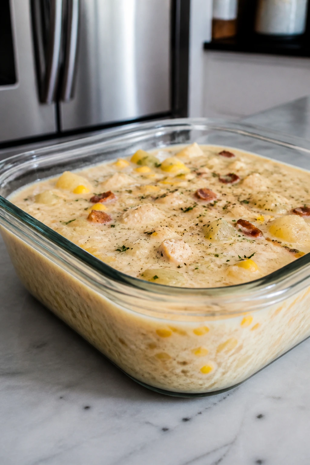Chowder stored in a wide shallow glass container on the counter