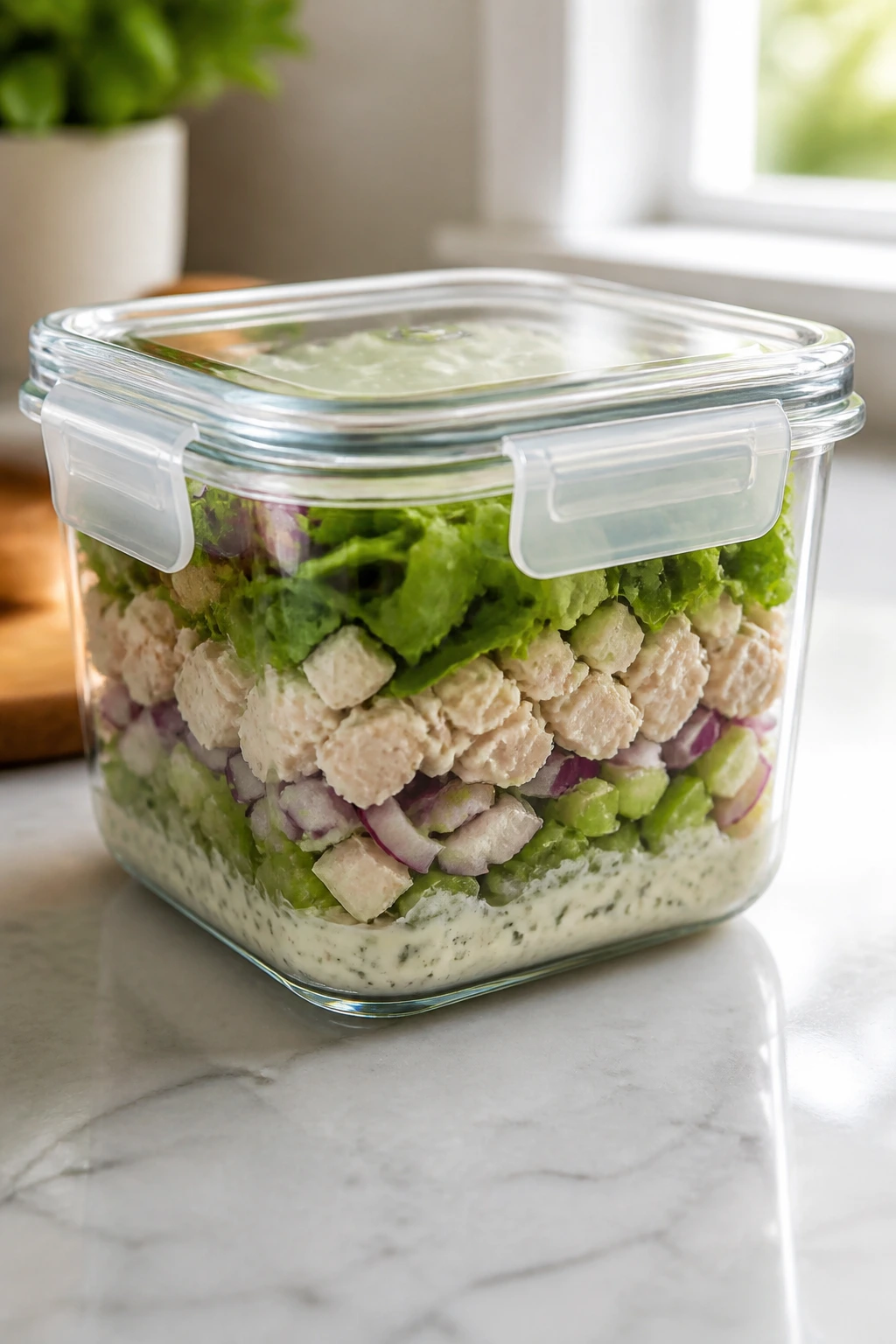 Airtight glass storage container with layered salad filling.