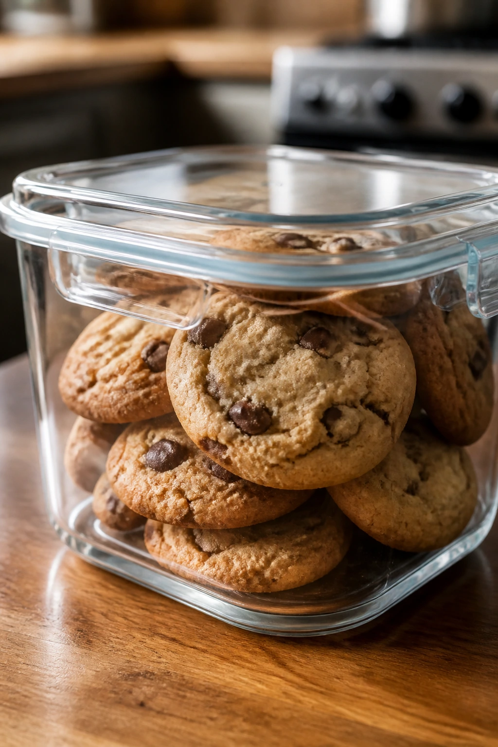 Airtight glass container with soft cookies on a wooden counter