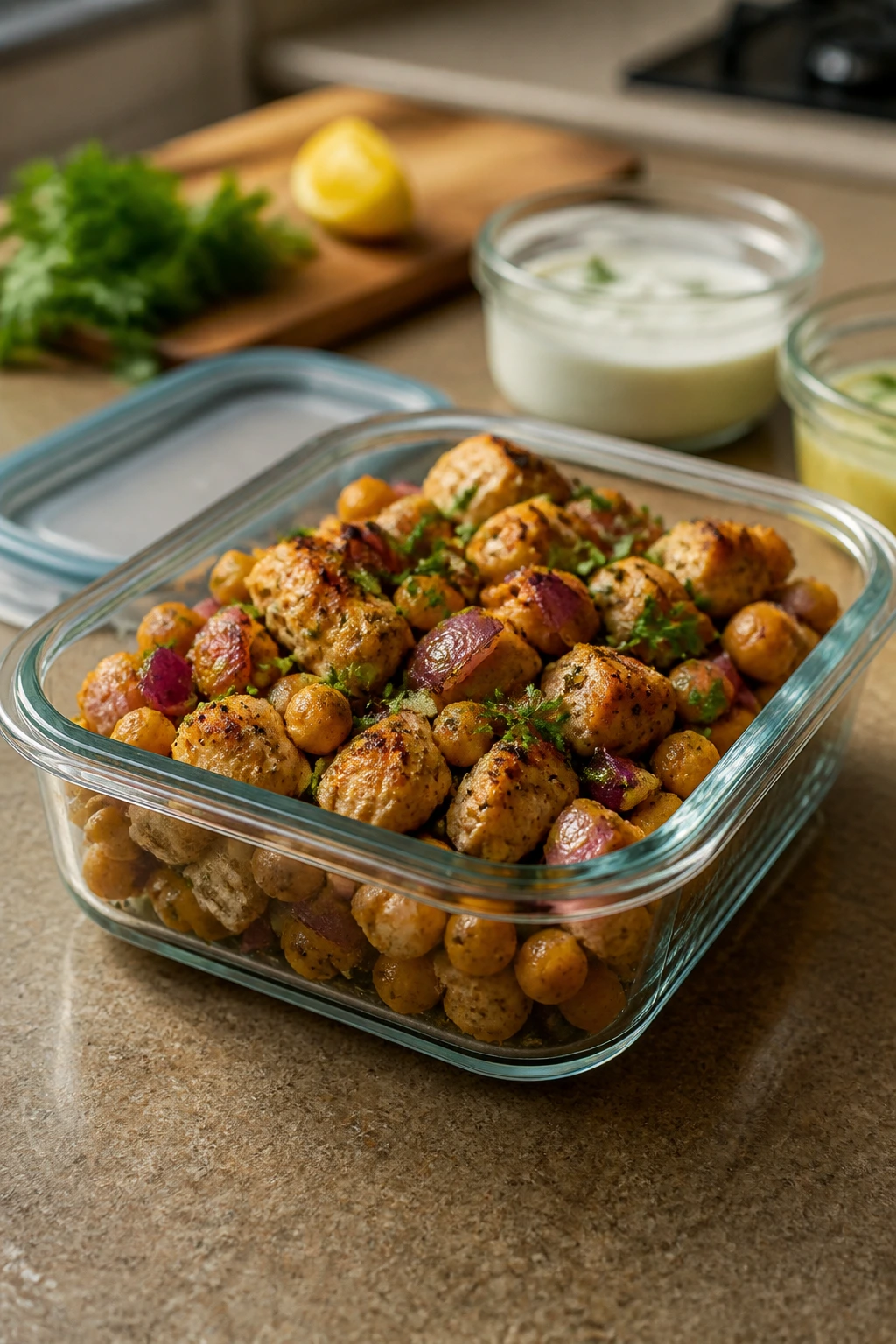Glass storage container with chicken chickpeas in a kitchen