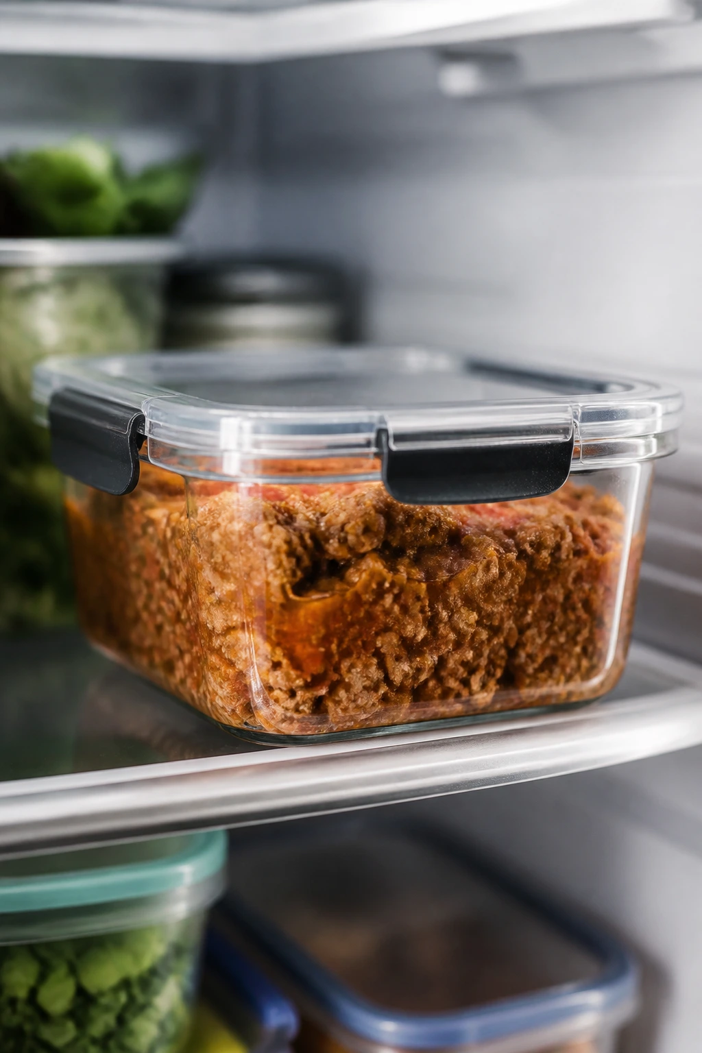 Airtight storage container with beef and sauce in a kitchen