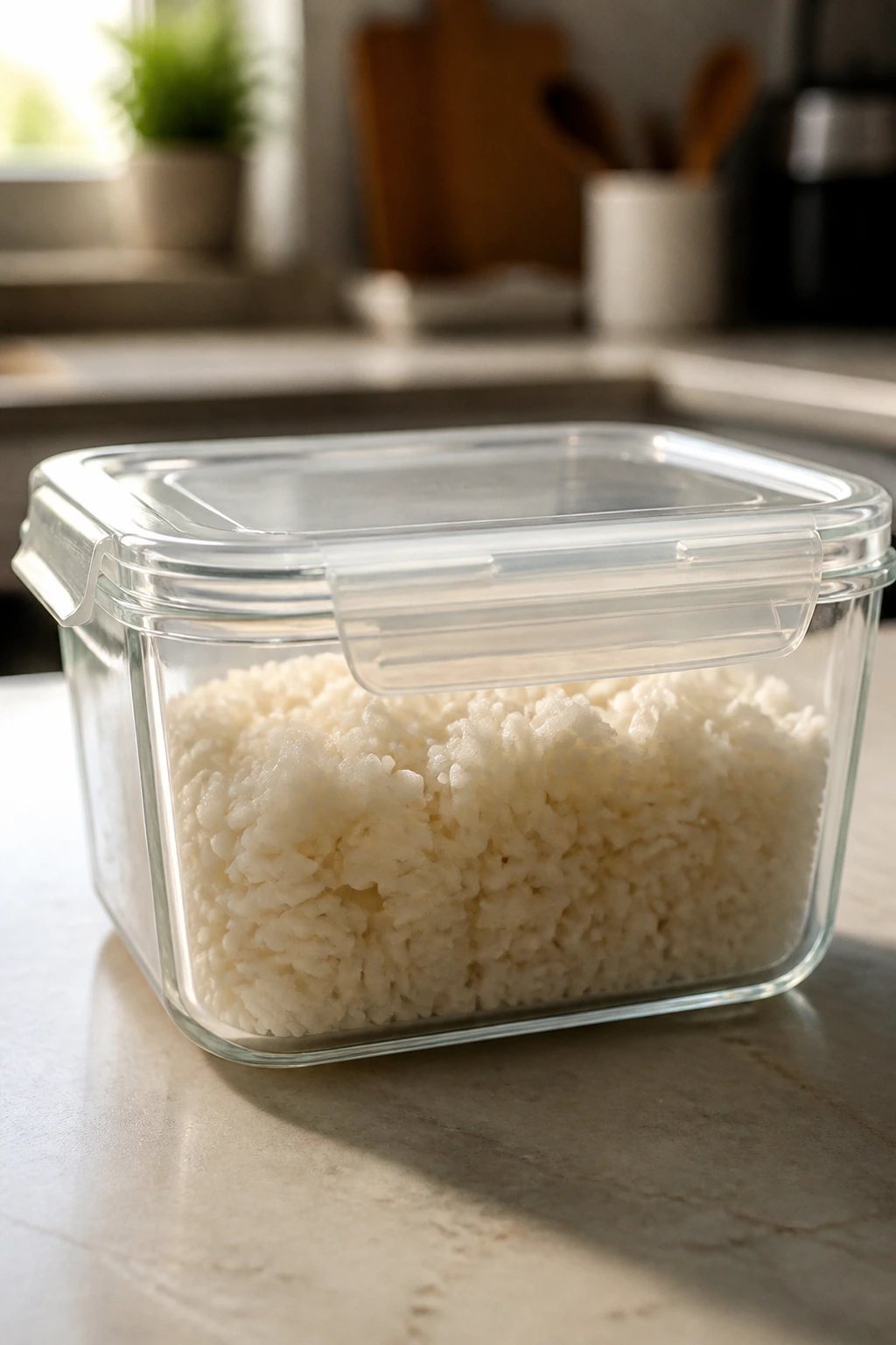 Glass storage container with cooked rice on kitchen counter