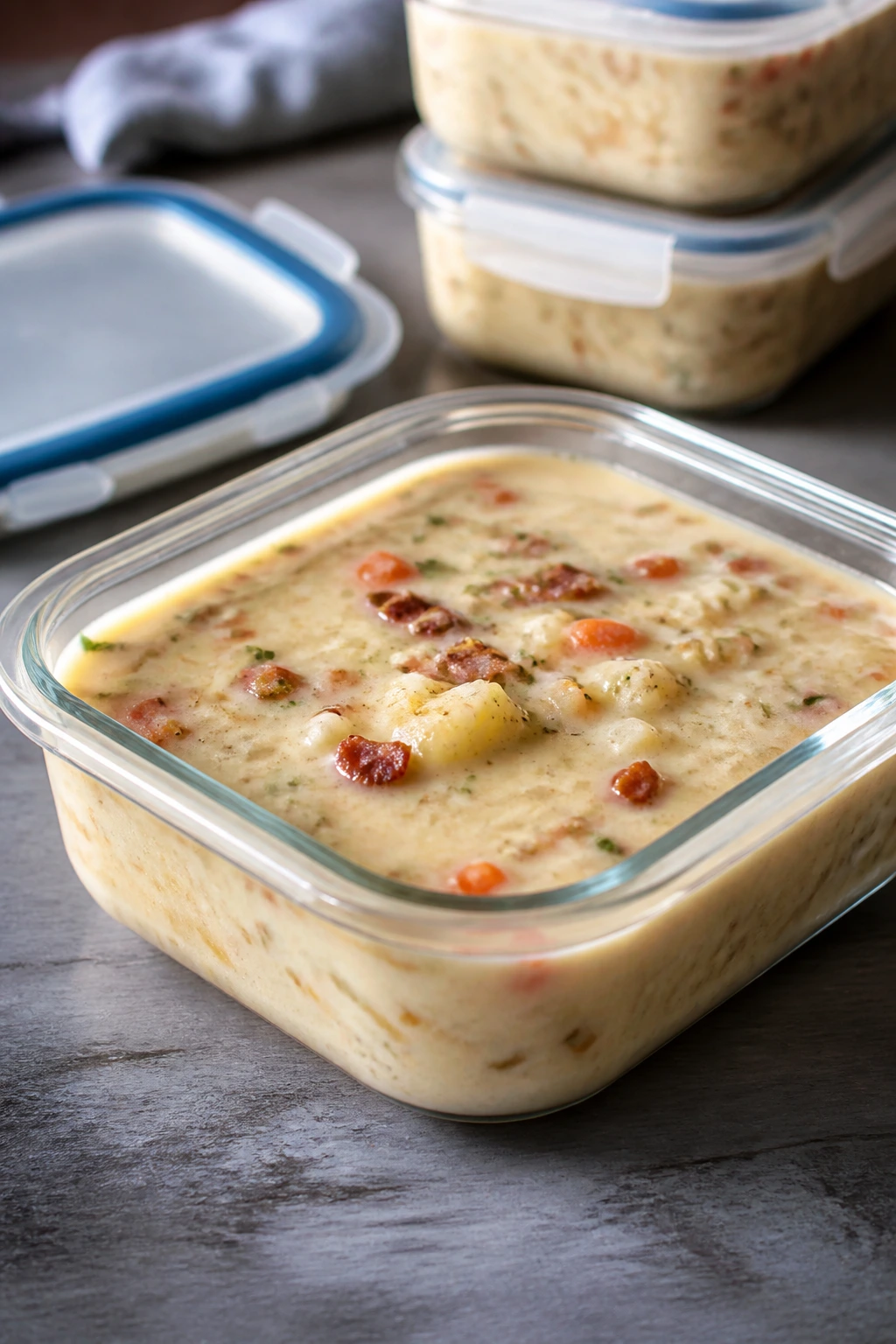 Airtight storage container filled with soup on a kitchen counter.