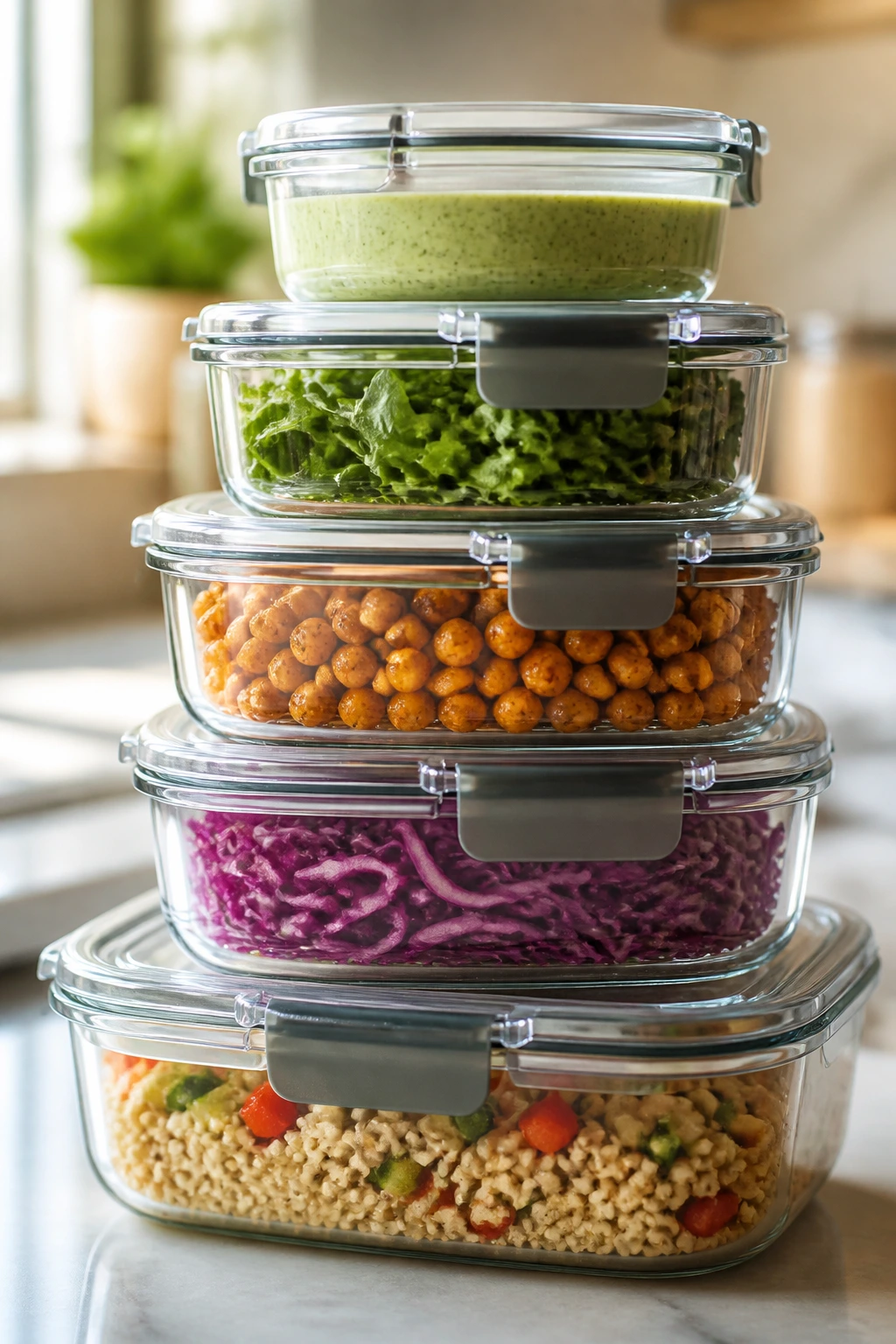 Stack of airtight glass storage containers with lids on a kitchen counter
