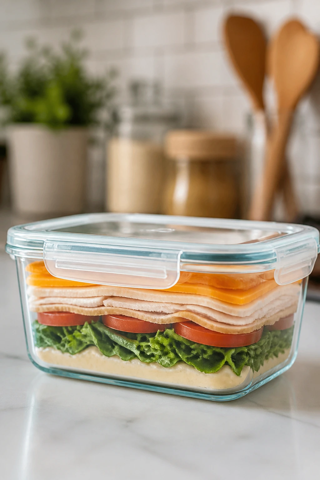 Glass storage container with layered fillings for make-ahead sandwiches