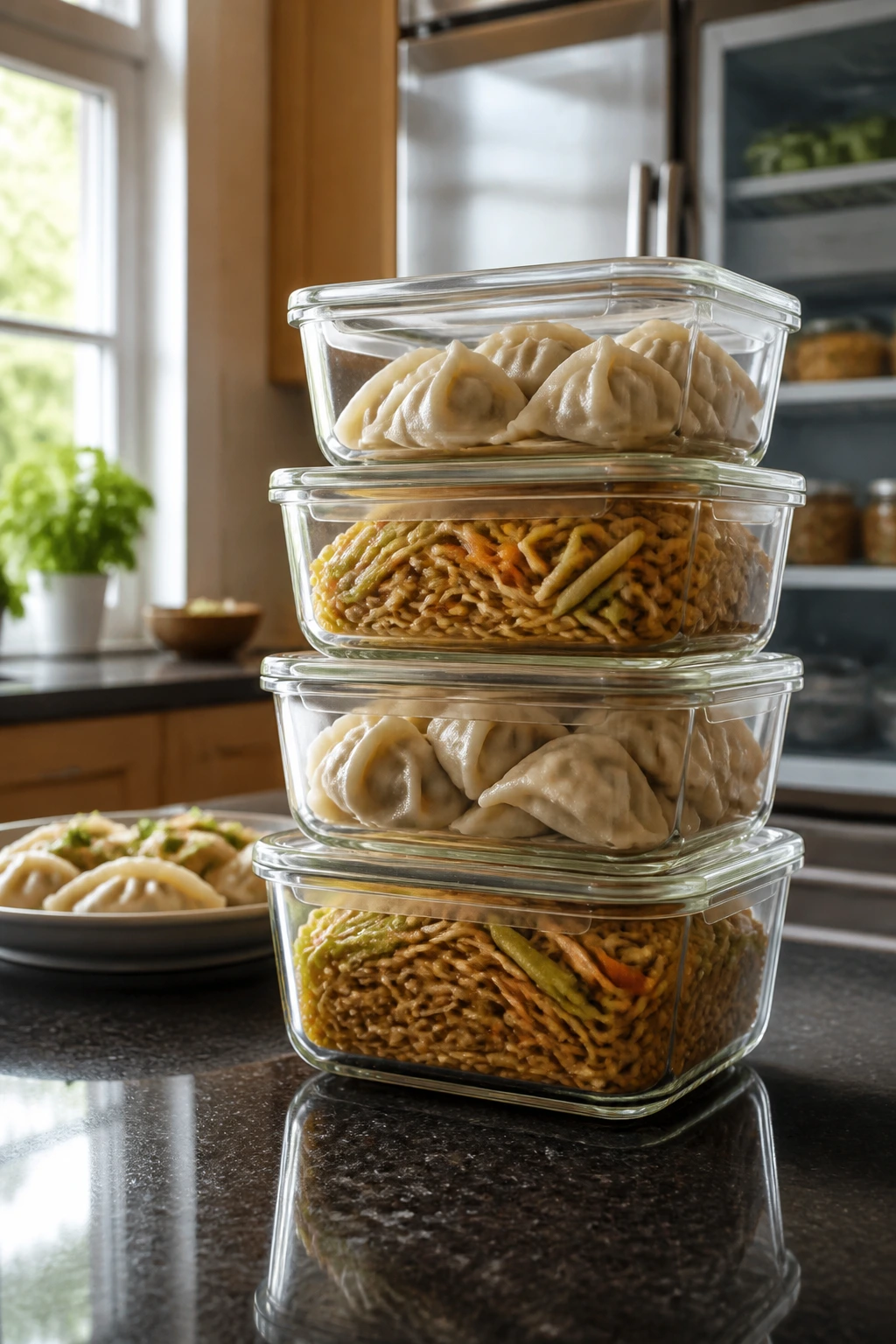 Glass containers with dumplings and noodles on a kitchen counter