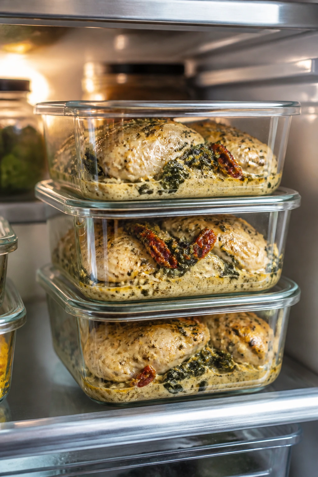 Glass storage containers with braised Tuscan chicken for make-ahead storage