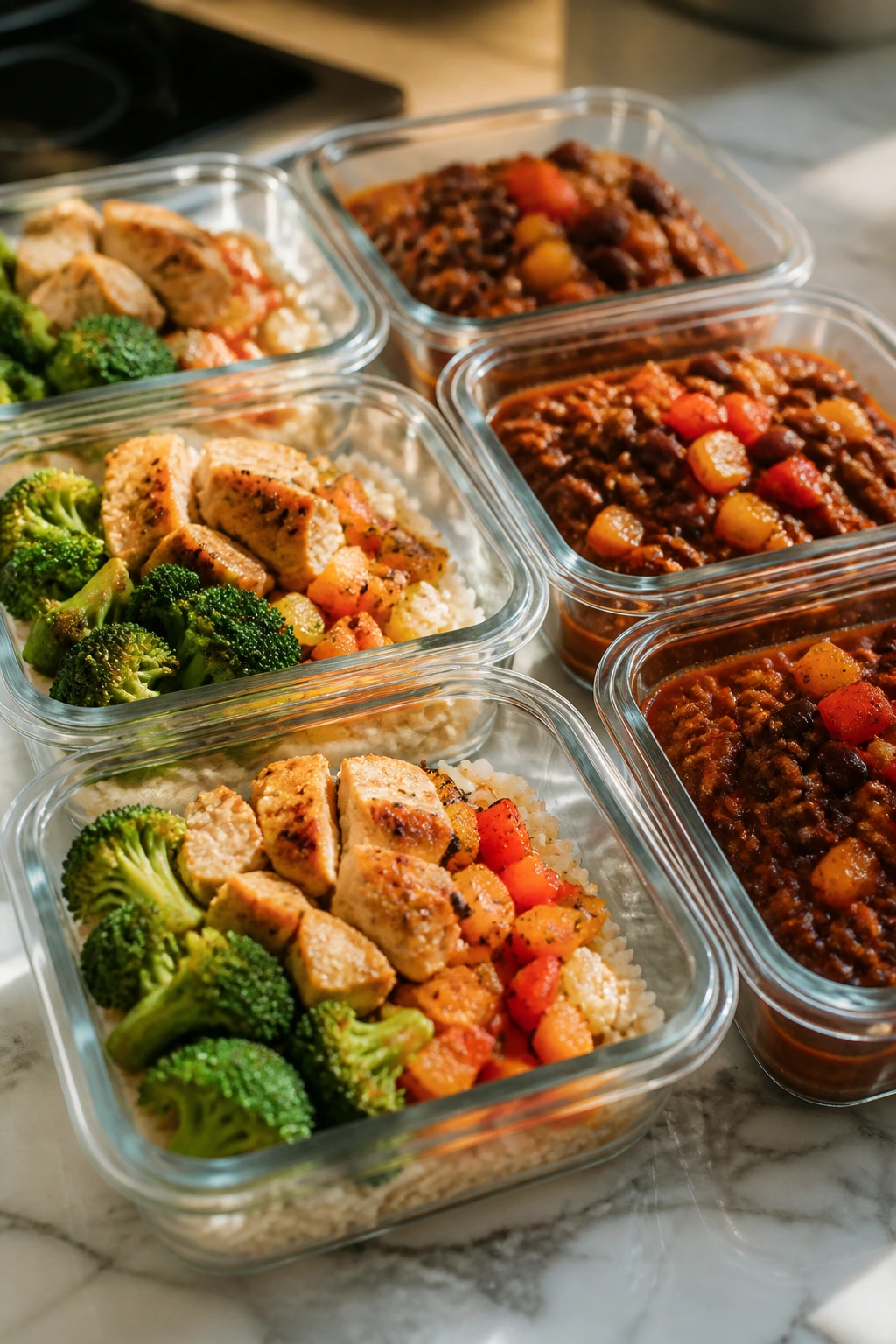 Meal-prep containers lined up on counter for storage and reheating guidance