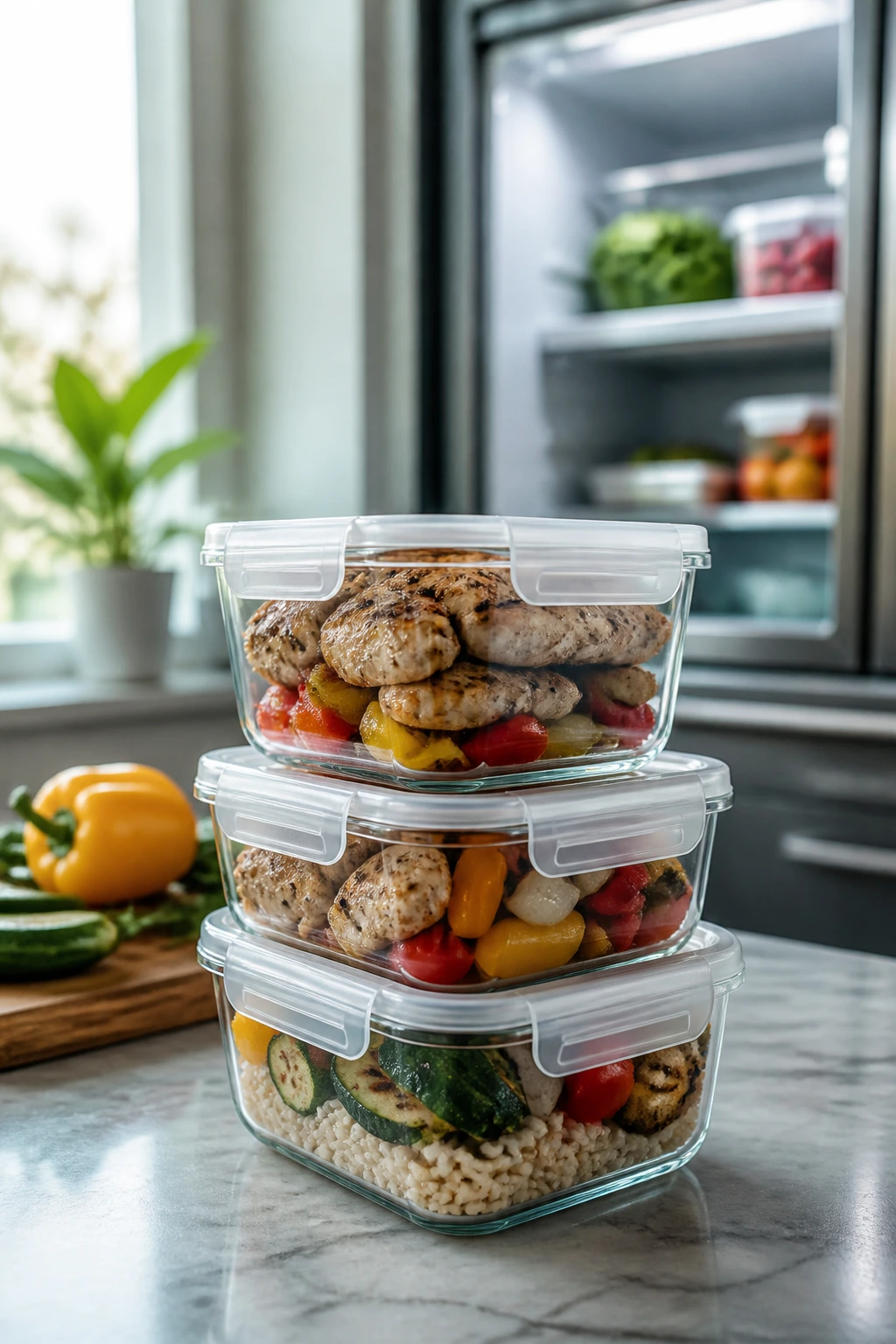 Stacked glass containers with grilled food on a kitchen counter