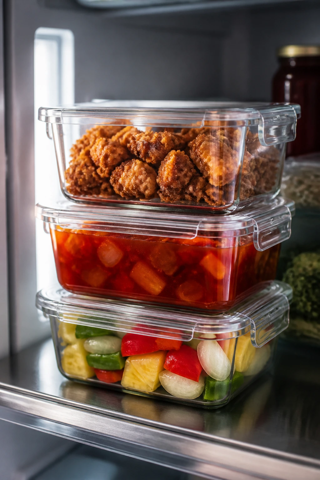 Close-up of separate airtight containers in a fridge showing make-ahead storage of chicken, sauce, and vegetables