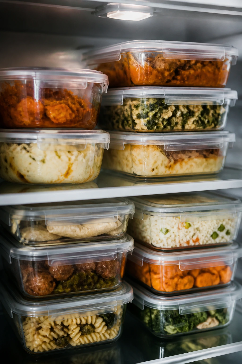 Fridge shelf with storage containers of prepared meals