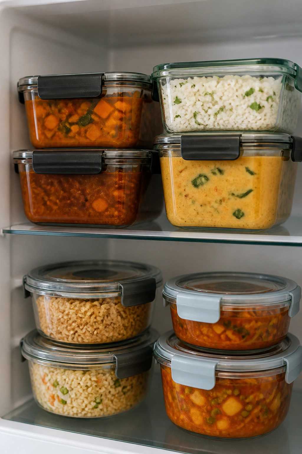 A row of airtight storage containers on a kitchen shelf