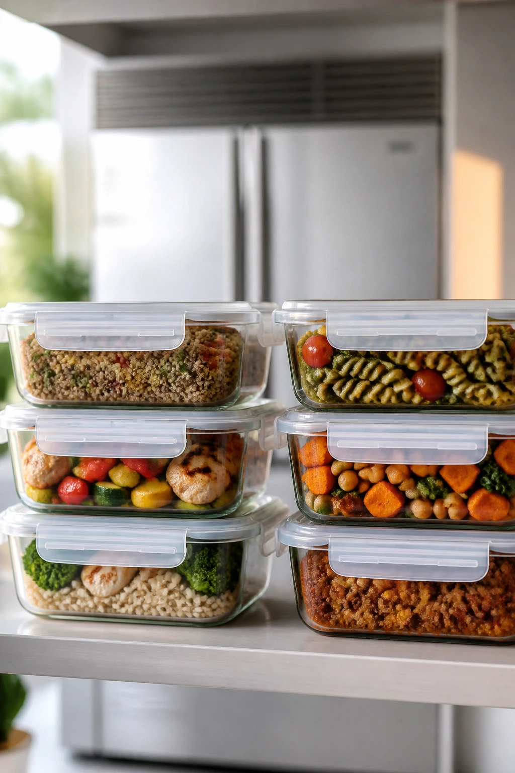 Glass storage containers on a kitchen shelf with a fridge in the background