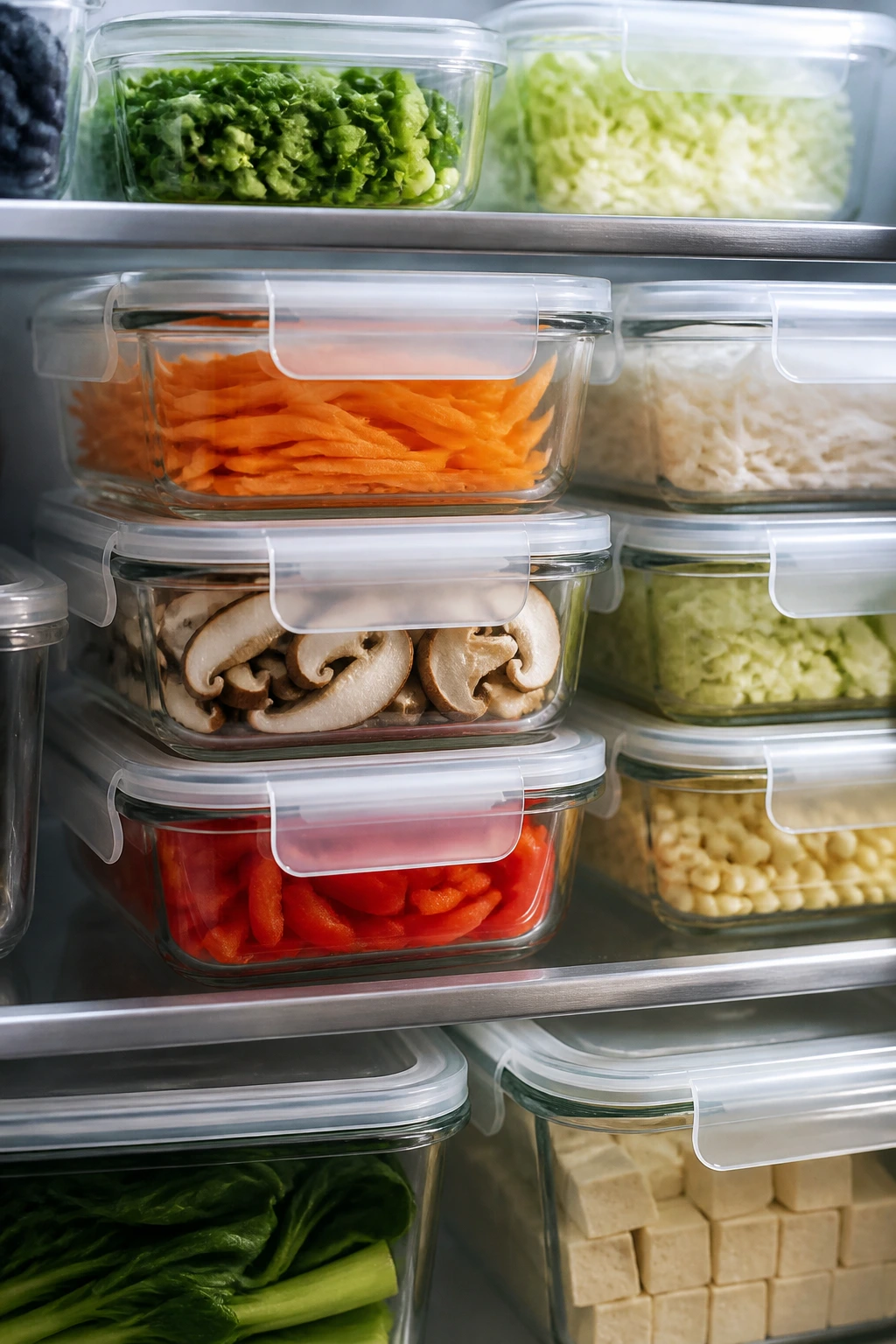 Airtight storage containers with chopped vegetables in fridge.