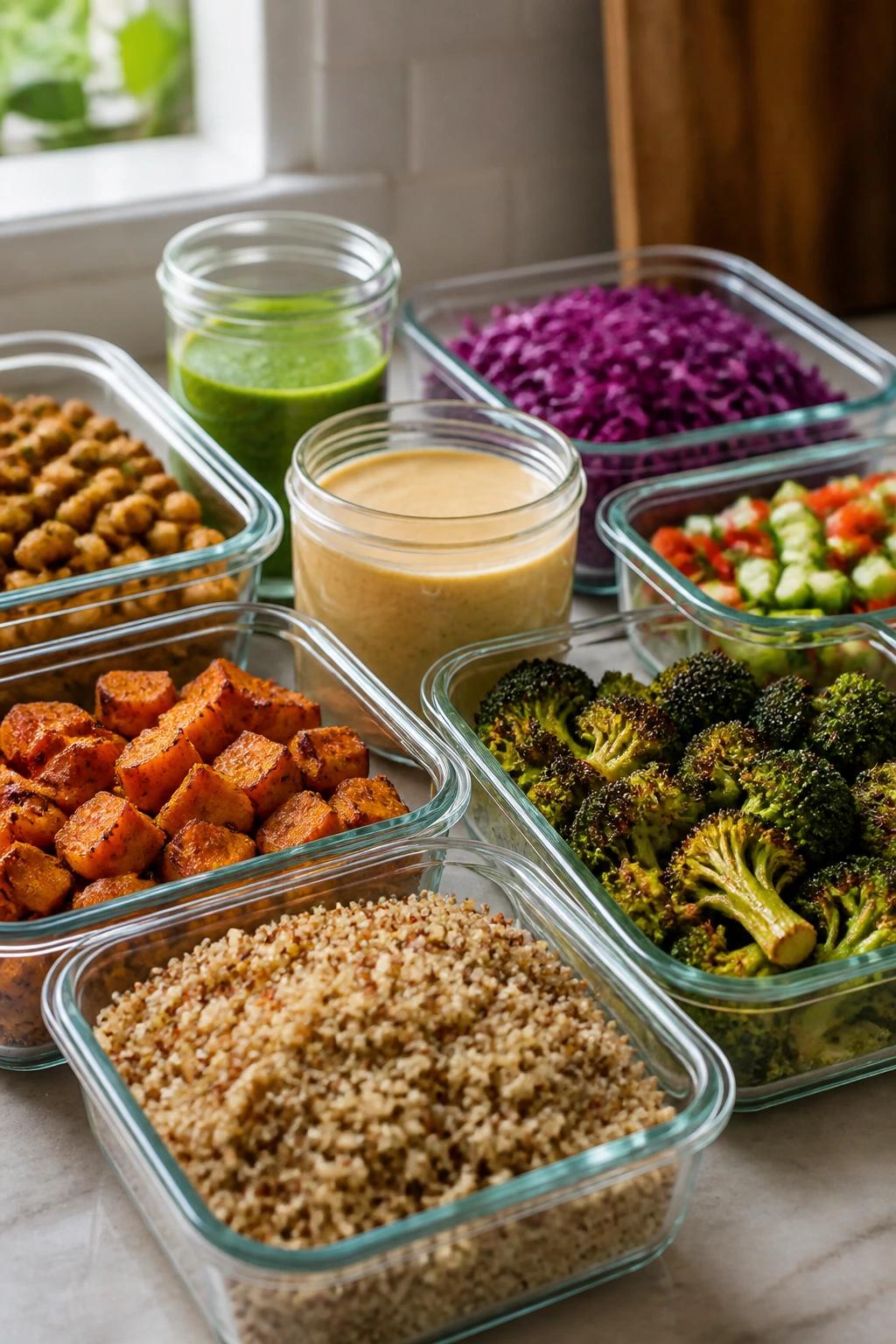 Glass containers with grains, vegetables, and sauces in a kitchen