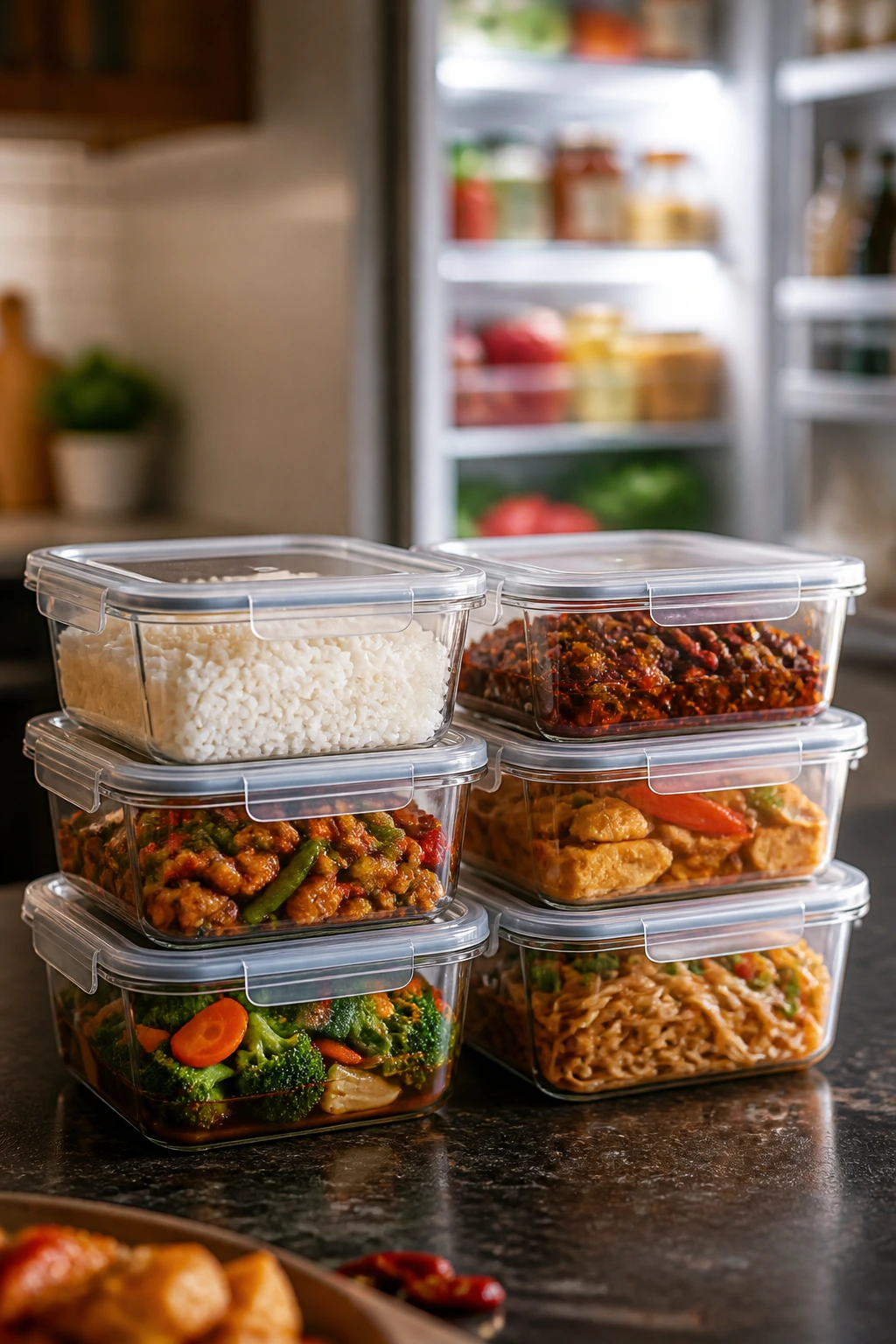 Stacked airtight containers with leftovers on a kitchen counter