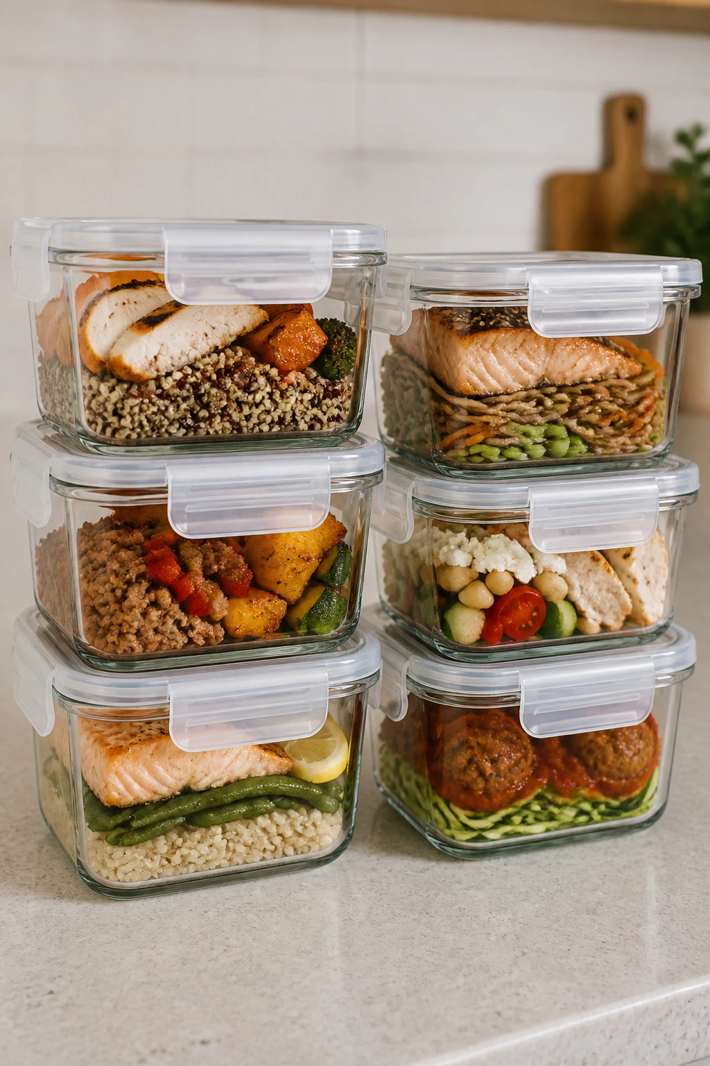 Airtight glass containers with ready-to-reheat meals on a counter.