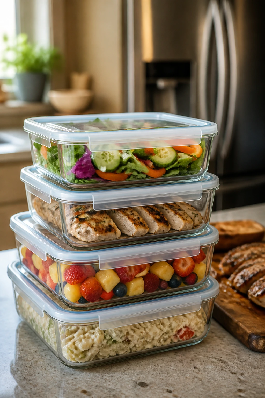 Stacked clear storage containers with visible salads and sliced meat on a kitchen counter