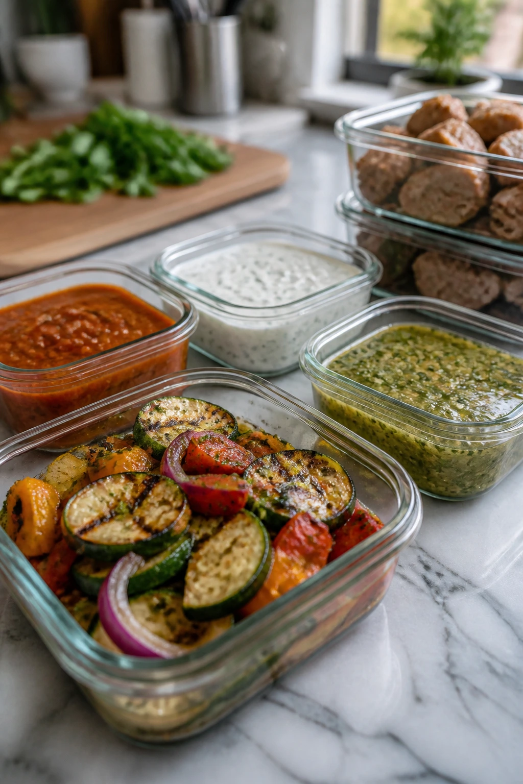 Glass storage containers with colorful sauces and marinated vegetables on a kitchen counter in a home kitchen.