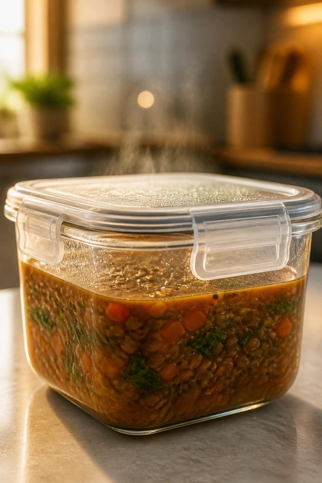 Glass storage container with steaming lentil soup on a kitchen counter