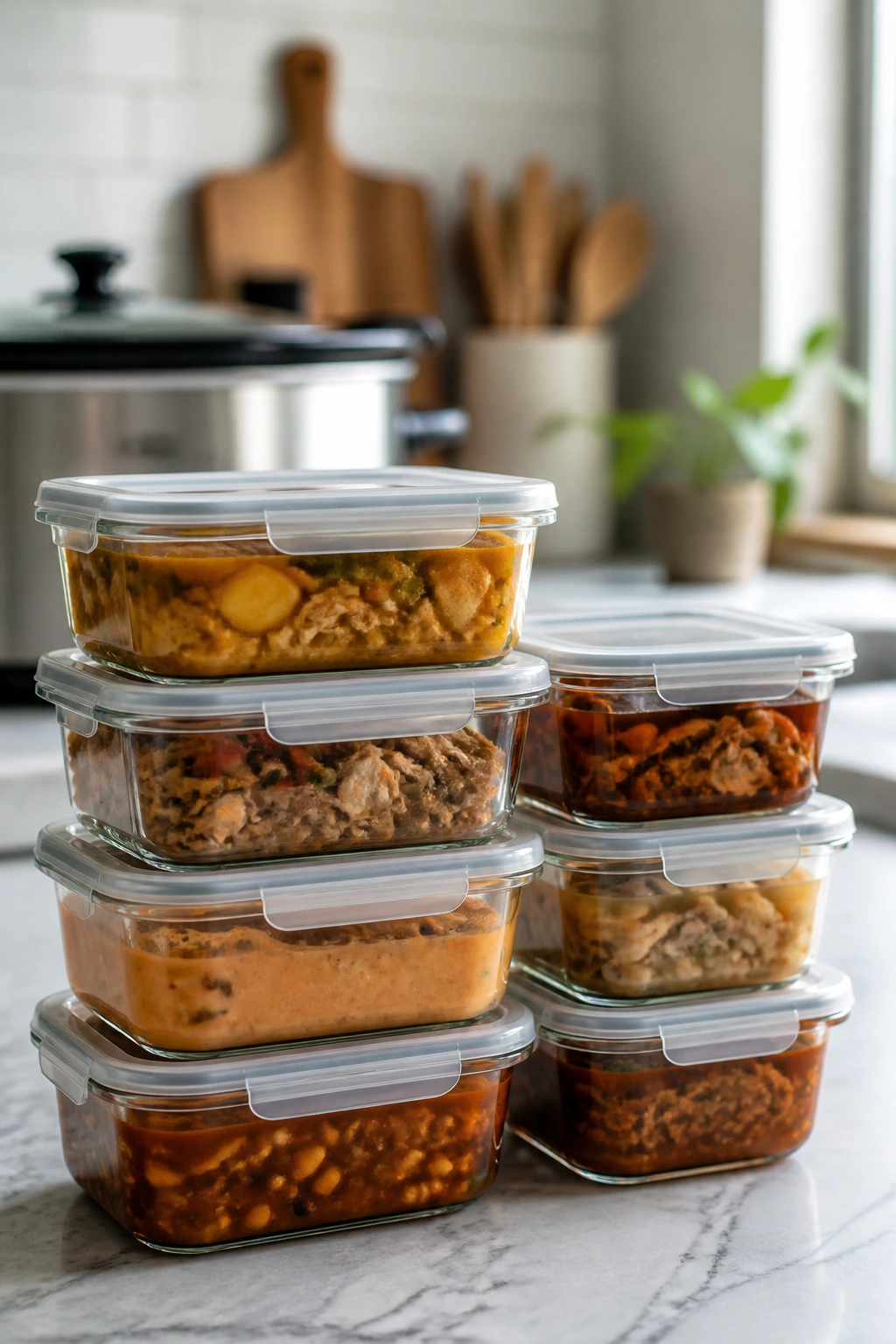 Stacked glass storage containers with soups on a kitchen counter