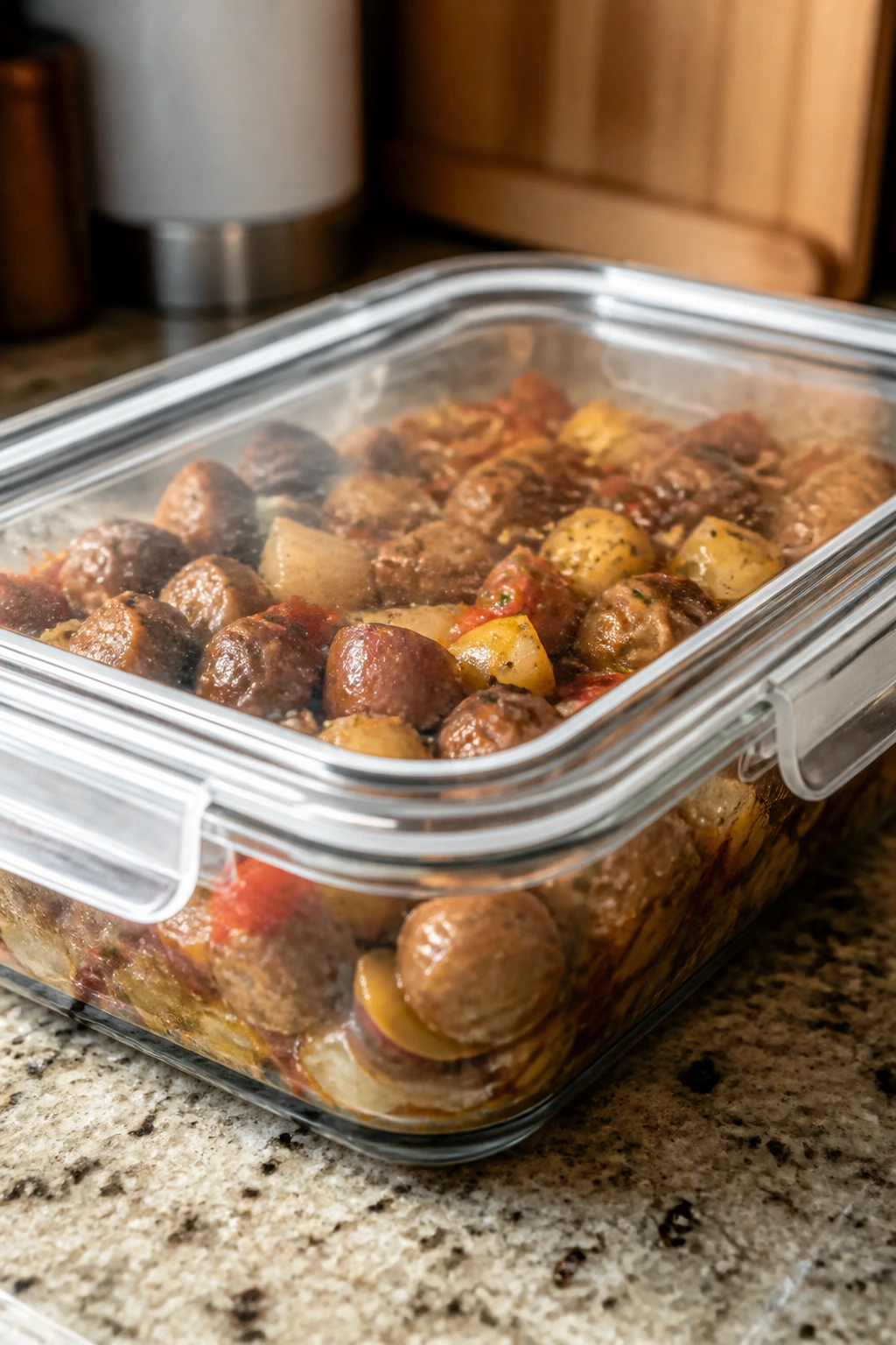 Airtight storage container with leftovers on a kitchen counter