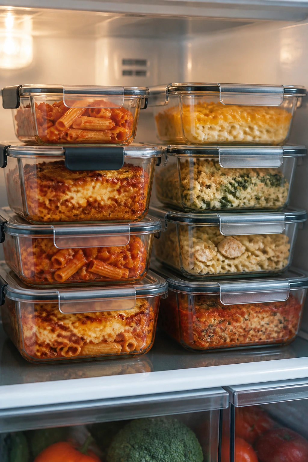 Airtight containers with leftovers in a fridge-ready layout.