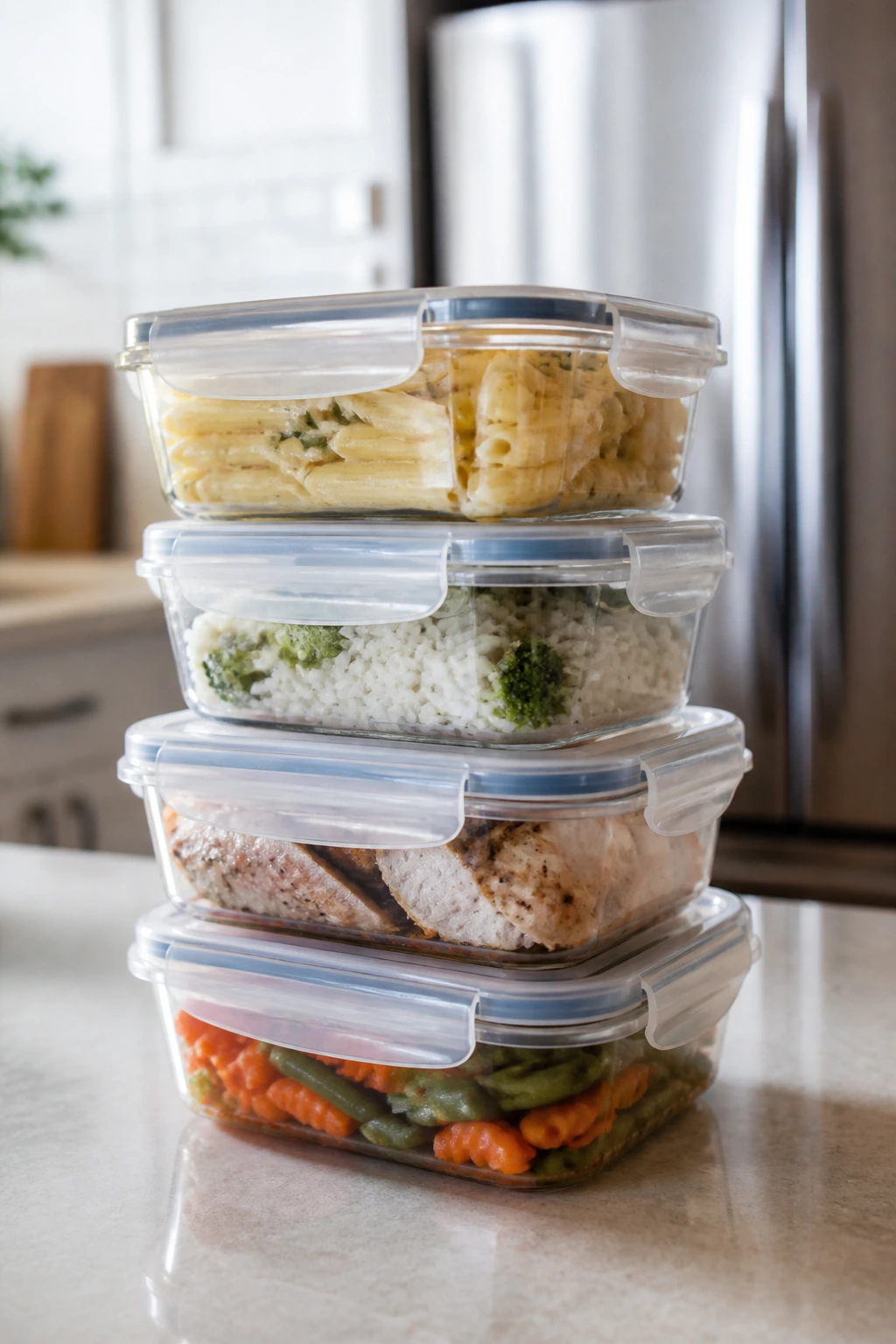 Stacked storage containers with various foods on a kitchen counter