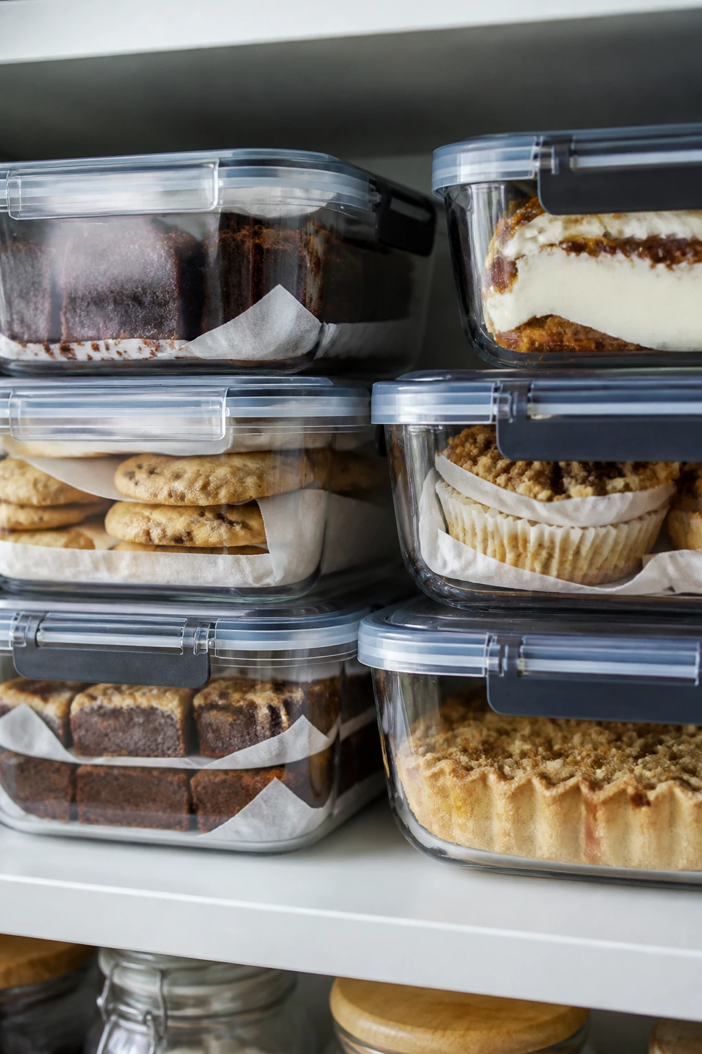 A row of airtight containers with desserts for storage